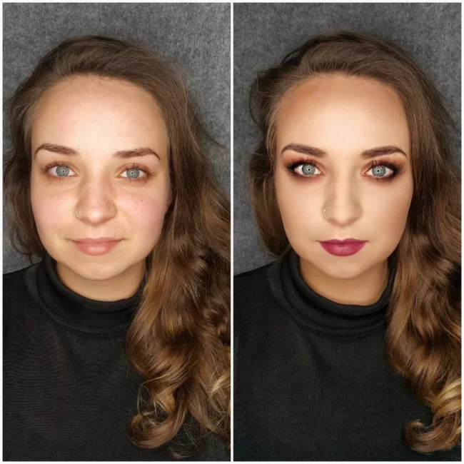twarz kleintki przed i po zrobieniu makijażu - wykonanie Joanna skuza Maris Gdynia