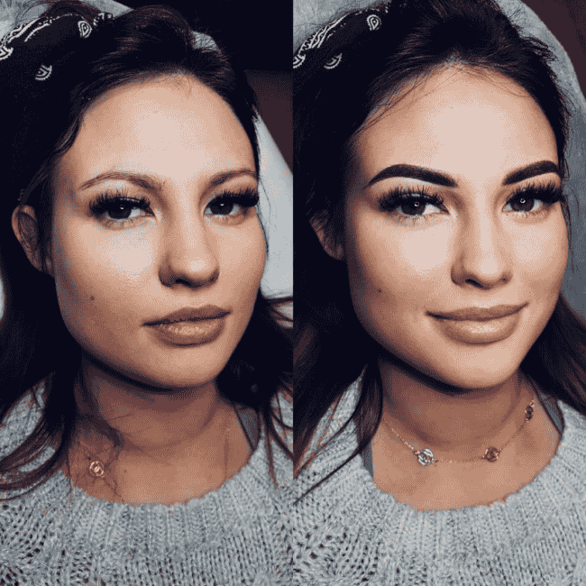 na zdjęciu zestawienie twarzy klientki przed i po zrobieniu makijażu permanentnego w MARIS w Gdyni