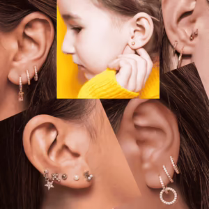 uszy 650 kolaż z wielu przekłutych uszu z założonymi kolczykami