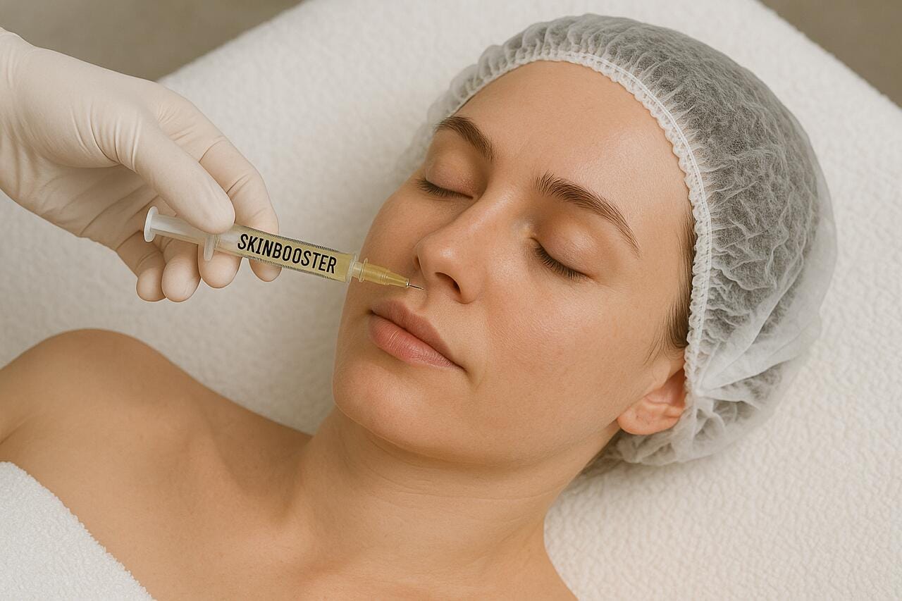 kosmetyczka podaje stymulator - za pomocą strzykawki i igły w okolice twarzy klientki